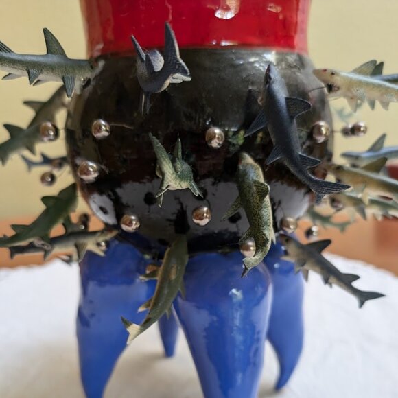 Crazy, Bold, Objet d'Art Ceramic Art Pottery Sculpture, Planter with Fish - Picture 3 of 15